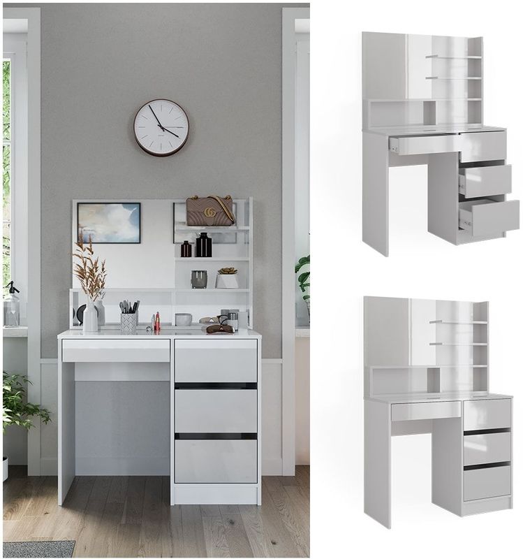 Vicco Schminktisch Sherry Weiß Hochglanz 90 x 75 cm Spiegel Regal Frisiertisch