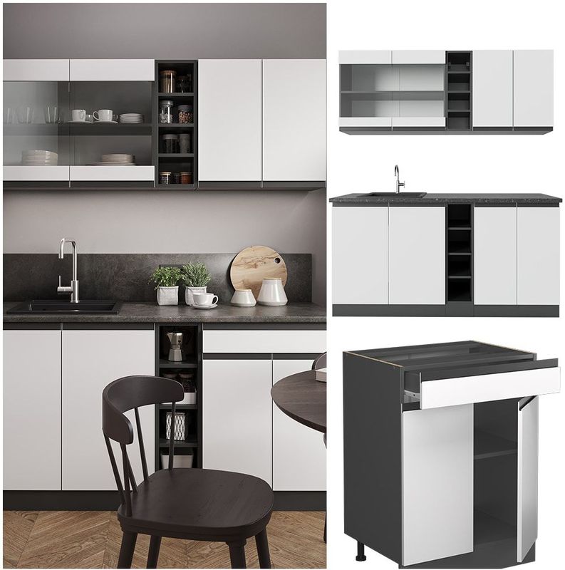 Vicco Küchenzeile Küchenblock Einbauküche R-Line J-Shape Anthrazit Weiß 160 cm modern Küchenschränke Küchenmöbel