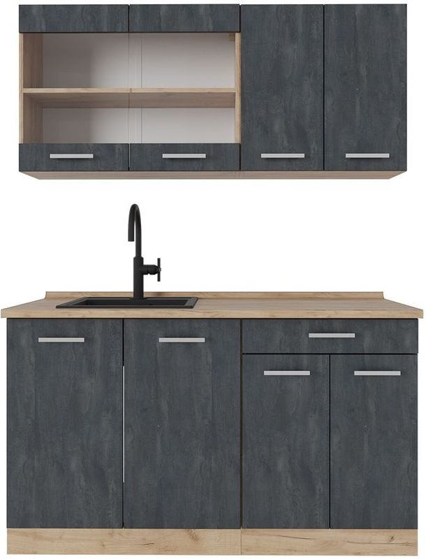 Vicco Singleküche R-Line 140 cm Schwarz Beton Eiche mit Arbeitsplatte Anthrazit