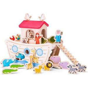 New Classic Toys - Houten Ark van Noach Speelset - Educatief Speelgoed met Vormenstoof - Inclusief 10 Paar Dieren en Figuren