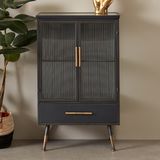 Wandkast zwart met ribbelglas - 65x38x105cm.