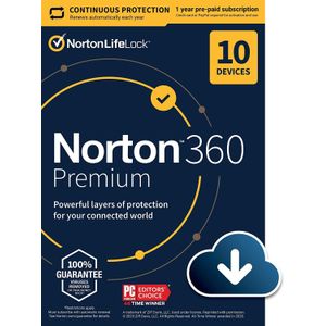 Norton 360 Premium (1 jaar / 10 apparaten) + 75 GB Cloudopslag (nieuwste versie + gratis updates)