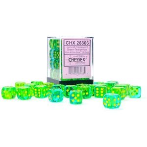 Dobbelstenen Translucent Groen-Teal/Goud - D6 - 12mm - 36 stuks