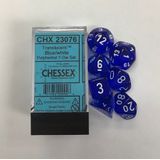Chessex doorschijnend blauw/wit Polydice Dobbelsteen Set (7 stuks)