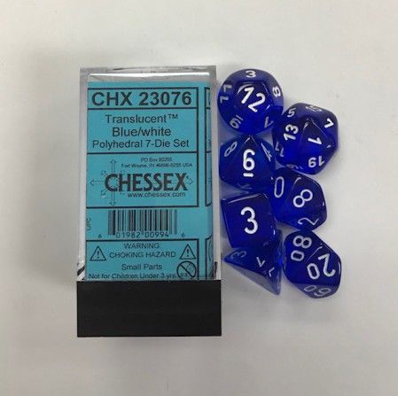 Chessex doorschijnend blauw/wit Polydice Dobbelsteen Set (7 stuks)