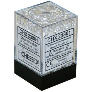 Dobbelstenen Translucent Clear/White - D6 - 12mm - 36 stuks