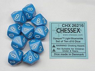 Dobbelstenen D10 Opaque Light Blue/White