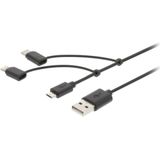 Valueline VLMP60620B1.00 3-in-1 Data En Oplaadkabel Usb A Male - Micro-b Male 1 M Zwart Type-c-adapter / Lightning-adapter