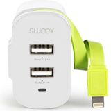 Sweex CH-028WH Lader 3-uitgangen 3 A 2x Usb / Apple Lightning Wit/groen