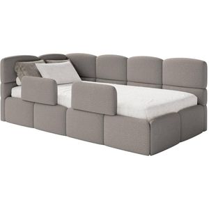 Jeugdbed Chloe links bouclé 90x200 met opbergvak en rails | NADUVI Collection
