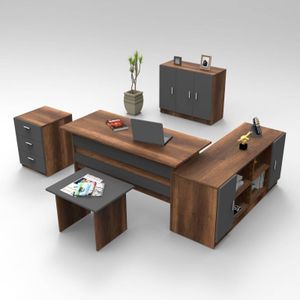 Kalune Design - Set van Bureau met Bijzettafel en 3 Opbergkasten - Bruin - 140 x 60 x 73.8 cm