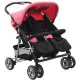 Tweelingkinderwagen staal roze en zwart