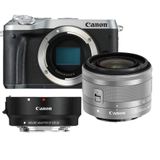 *Canon EOS M6 zilver + 15-45mm IS STM zilver + EF-EOS M mount adapter