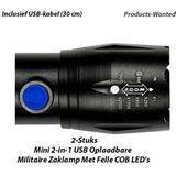 2-Stuks Mini 2-in-1 USB Oplaadbare Militaire Zaklamp Met Felle COB LED's