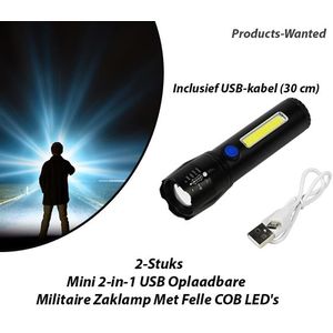 2-Stuks Mini 2-in-1 USB Oplaadbare Militaire Zaklamp Met Felle COB LED's