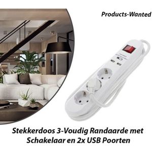 2-Stuks Stekkerdoos 3-Voudig Randaarde met Schakelaar en 2x USB Poorten