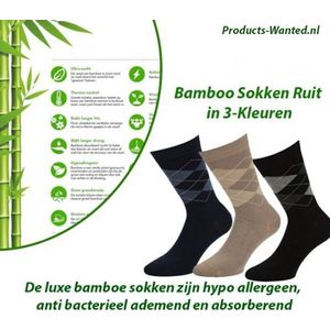 3-Paar Bamboe Sokken Ruit Motief in 3-Kleuren Maat 39-42