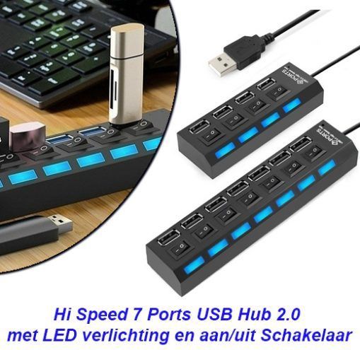 Hi Speed 7 Ports USB Hub met LED verlichting en aan/uit Schakelaar