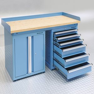 Datona Werkbank PRO 150 cm met ladenkast en gereedschapskast - blauw -