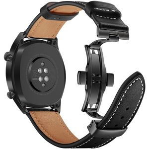 Universeel Smartwatch 22MM Bandje - Echt Leer - met Vlindersluiting - Zwart