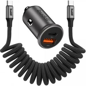 Buddi Power 45W USB-A / USB-C Autolader met USB-C naar USB-C Krulsnoer