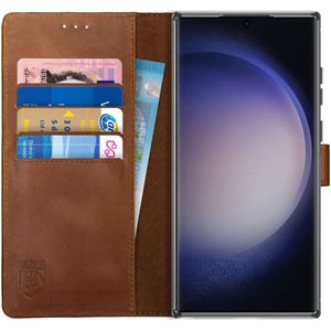 Rosso Deluxe Samsung Galaxy S23 Ultra Hoesje Echt Leer Book Case Bruin
