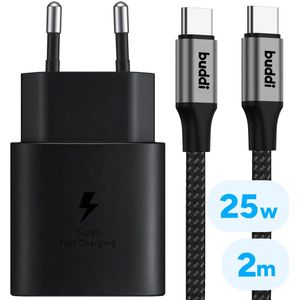 Originele Samsung 25W Power Adapter met Buddi Flex USB-C Kabel 2M Zwart