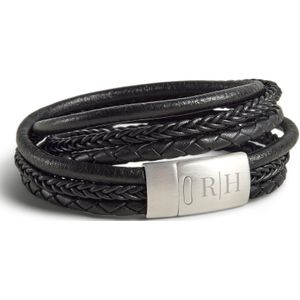 Luxe dubbele heren armband leer graveren - Zwart - M