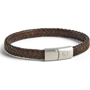 Luxe enkele heren armband leer graveren - Bruin -M