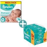 Pampers Premium Protection Procare Maat 0 - 76 Luiers + Pampers Billendoekjes Fresh Clean 624
