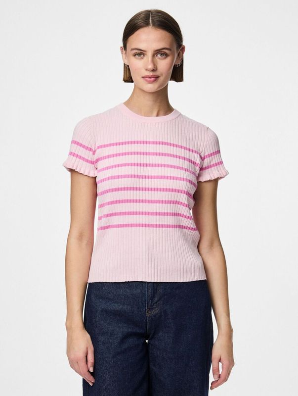 Pcfaith - Gebreide Trui - Korte Mouwen - Opstaande Kraag - Gestreept