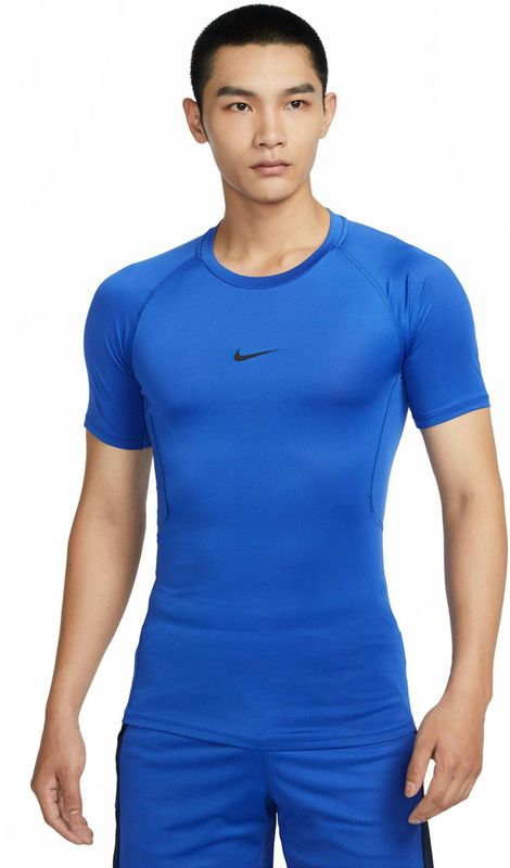 Nike Pro Dri-FIT - Strakke Fitnesstop - Blauw - Korte Mouwen