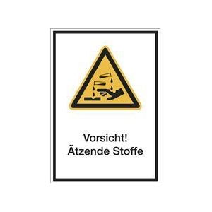 Kombischilder mit Text für Warnkennzeichen, Vorsicht! Ätzende Stoffe, VE 10 Stk, Folie, LxH 210 x 297 mm