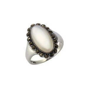 Zeeme Gemstones Ring Silber 925 oxydiert mit weißem Perlmutt und 18 Markasit-Steinen