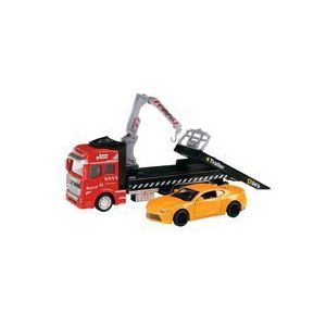 Toi-Toys 24087B - Metal World Spielzeugauto - Abschleppwagen mit Hebebühne & Auto abschleppen