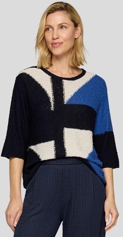 Rabe - Trui 55-114605 - Geometrisch Patroon - Crème - Donkerblauw - Levendig Blauw