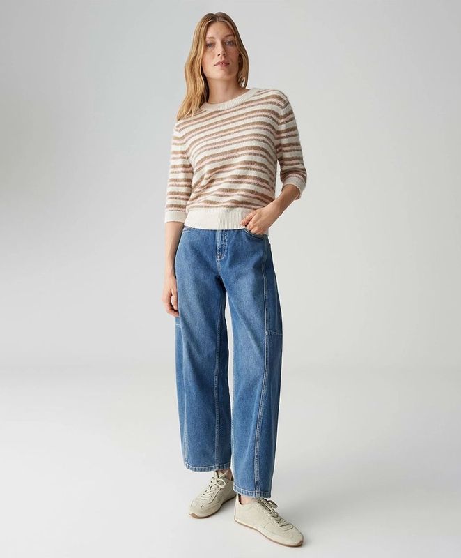 Beige-bruin en roze gestreepte trui