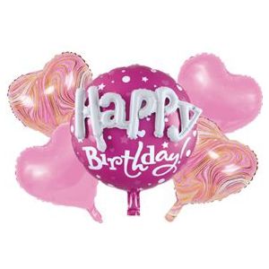 Folie Ballonnen Set Happy Birthday Hartjes Roze (5-delig)