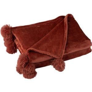 J-Line Plaid Pompom - fleece deken - polyester - Marsala rood - 170 x 130 cm - woonaccessoires