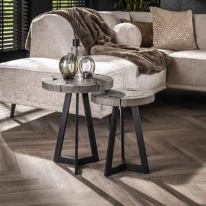 PS-Collection Grey Mix Set/2 Bijzettafels - ø40x50cm - Grijs - Hout/Metaal