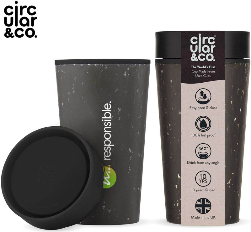 10 st. Circular&Co Koffiebekers to go bedrukken | Circular&Co® Mok Zwart - 340 ml | Gerecycled | Zwart + gekleurd deksel