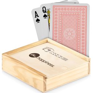 50 st. Speelkaarten bedrukken | Speelkaarten Niek - Houten doos | Opdruk houten doos | Met 5 dobbelstenen