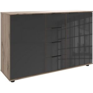 Wimex Kast met laden en deuren Leonberg, sideboard 2-deurs met 4 lades met glazen front, b/d/h 130/41/83 cm, zwarte metalen handgrepen