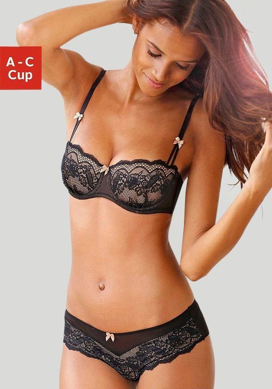 s.Oliver RED LABEL Beachwear BH cup set met fijne, bloeiende kant en delicate sierstrikjes, sexy lingerie (set, 2-delig, Met low waist panty)