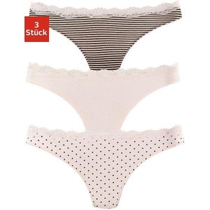 Lascana String van elastische katoen met delicate kant (3 stuks)