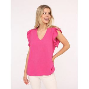 Blouse - Fuchsia - Zonder Capuchon - Ruches Mouwen - V-hals