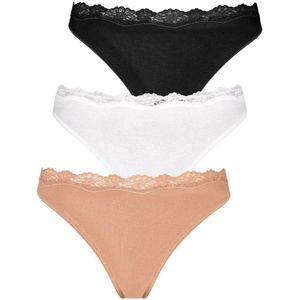 Lascana String van elastische katoen met delicate kant (3 stuks)