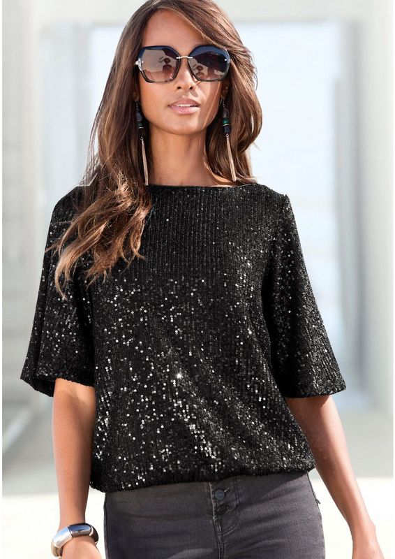 Lascana Shirt met pailletten met wijde mouwen, feestelijk glittershirt, partyshirt