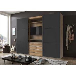 Kast - Plankeiken Imitatie - Grafiet - Chroomkleur Grepen - Linnengrijs Binnen