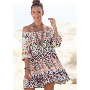Buffalo Gedessineerde jurk met etnische print en carmen-halslijn, tuniekjurk, zomerjurk